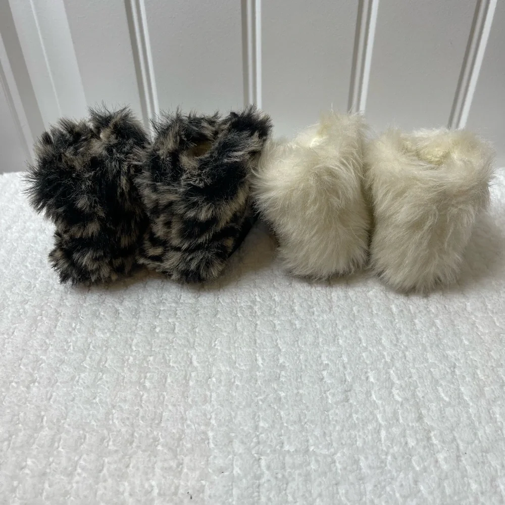 2 PAIR Stuart Weitzman Fluffy Baby Booties in Cream size 1 & Animal print size 2